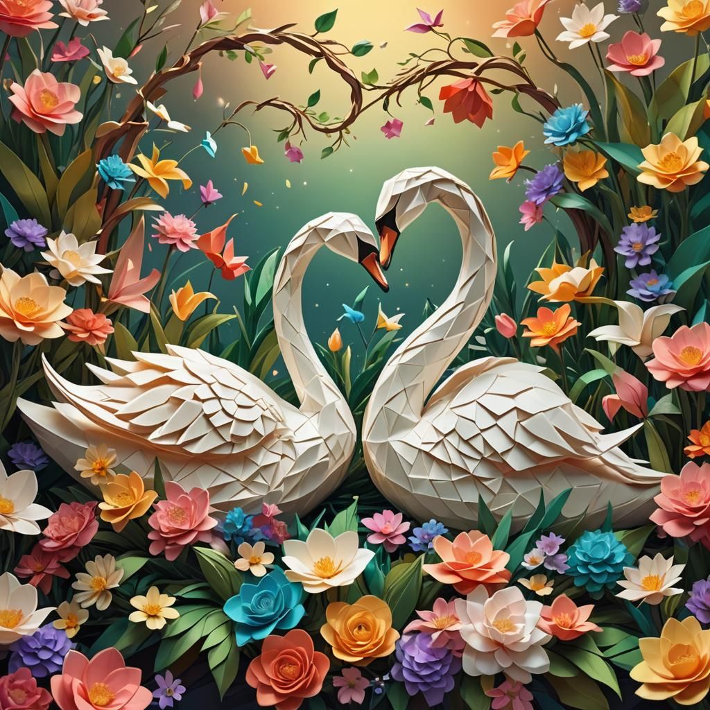 Origami Swans Forming Heart, Fantasy Concept Art