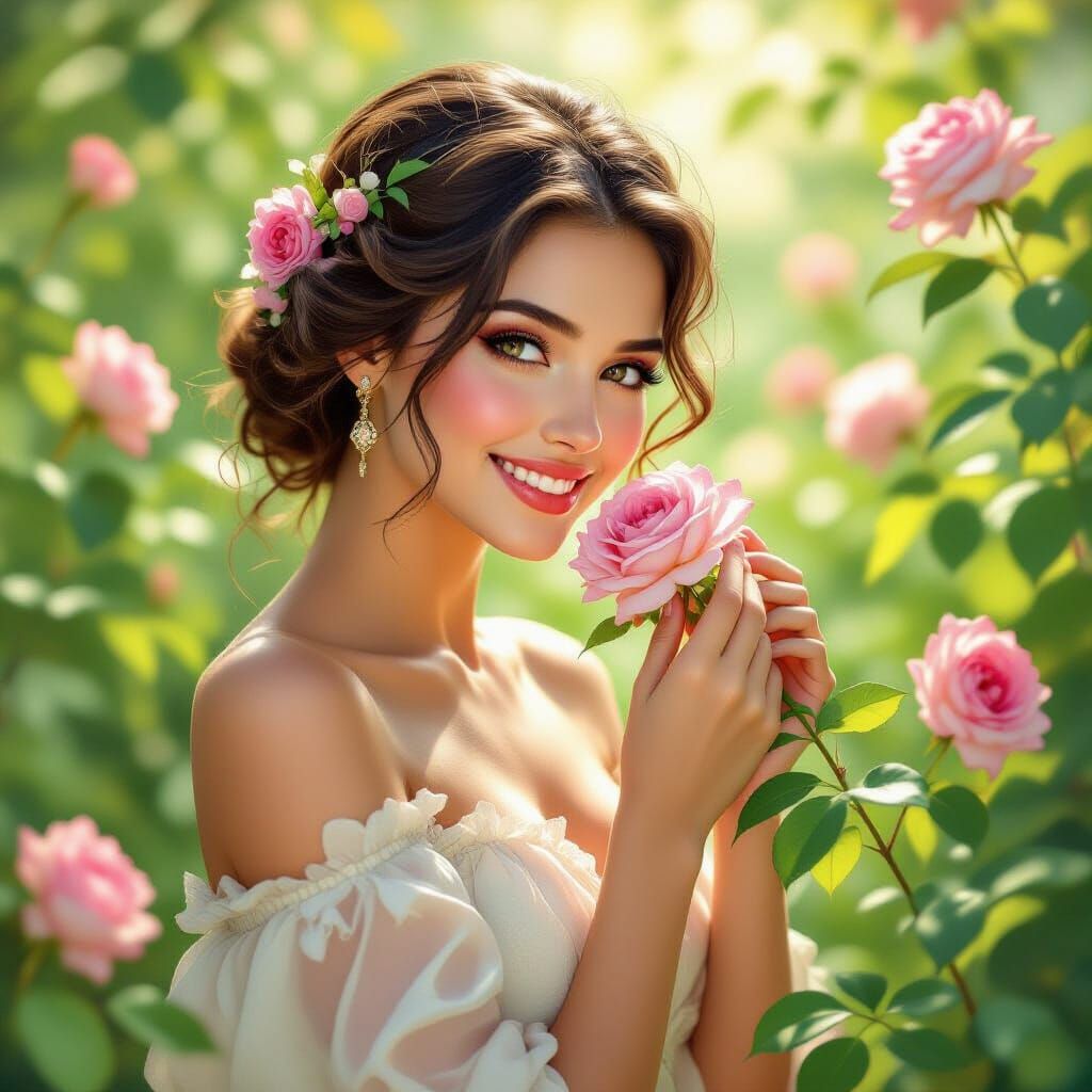 Elegant Woman Smelling Rose in Art Nouveau Style