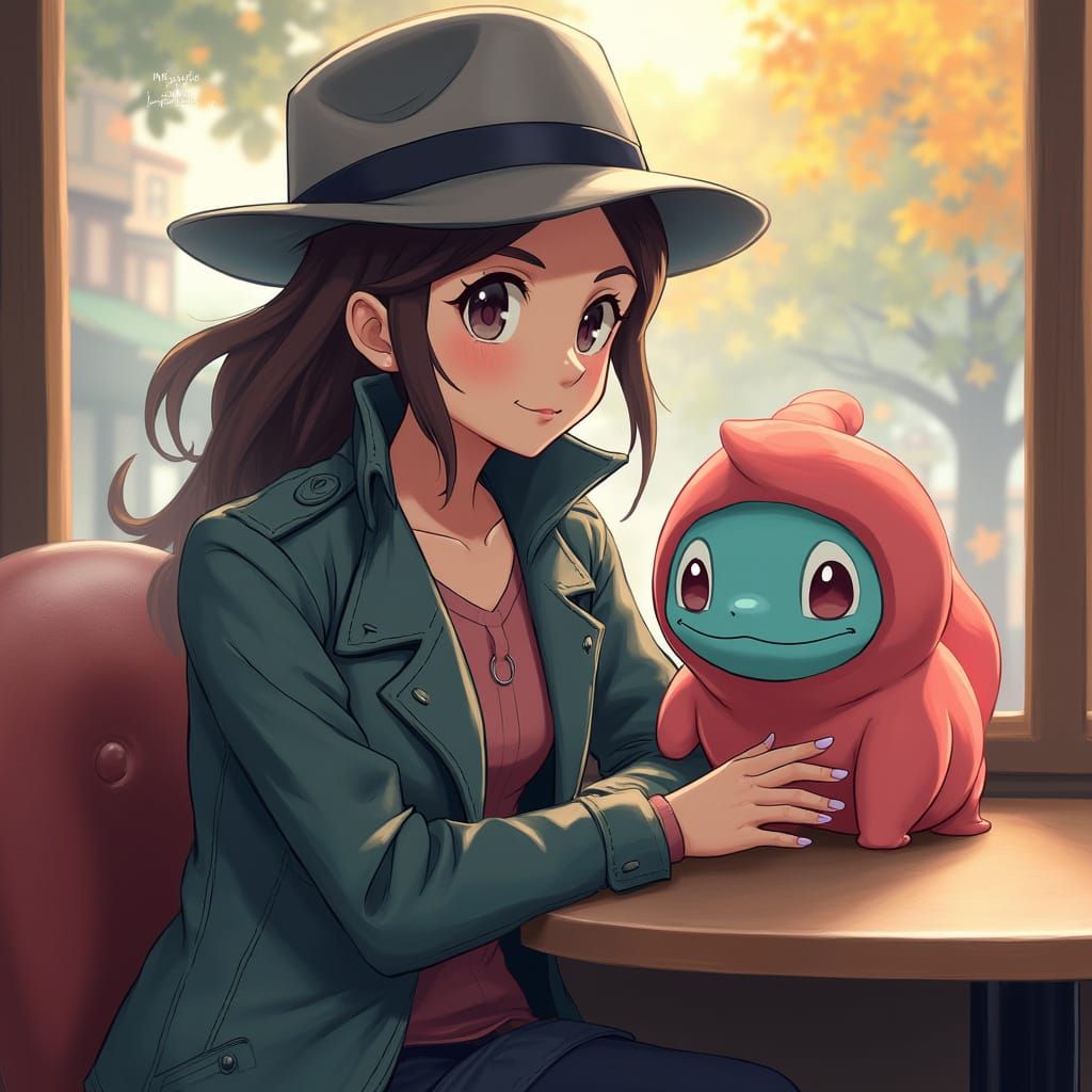 Pokémon Trainer and Slugma at Cozy Cafe
