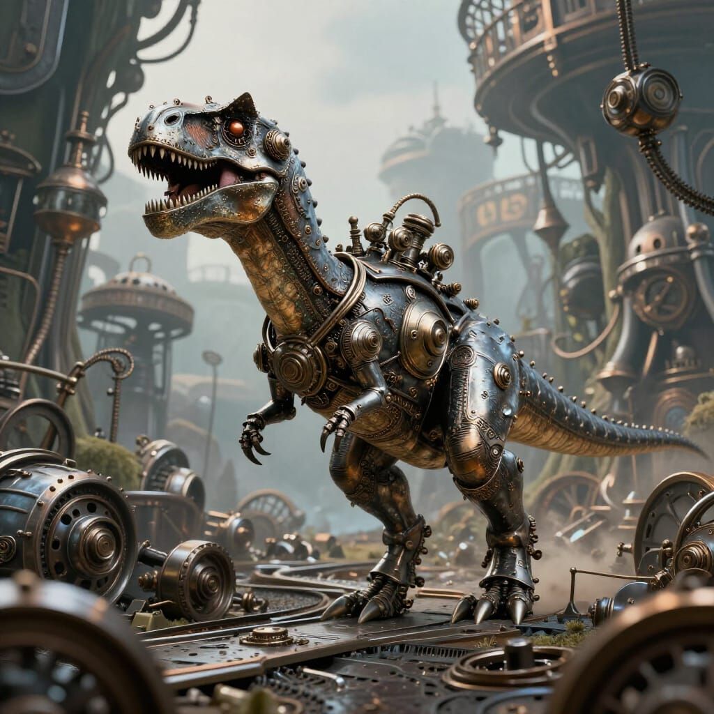 Steampunk Metal Dinosaur in a Twisted Metal World