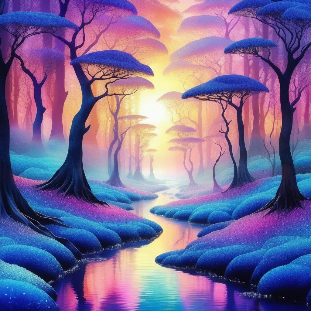 Ethereal River of Sapphire Wonder in Crystal Forest