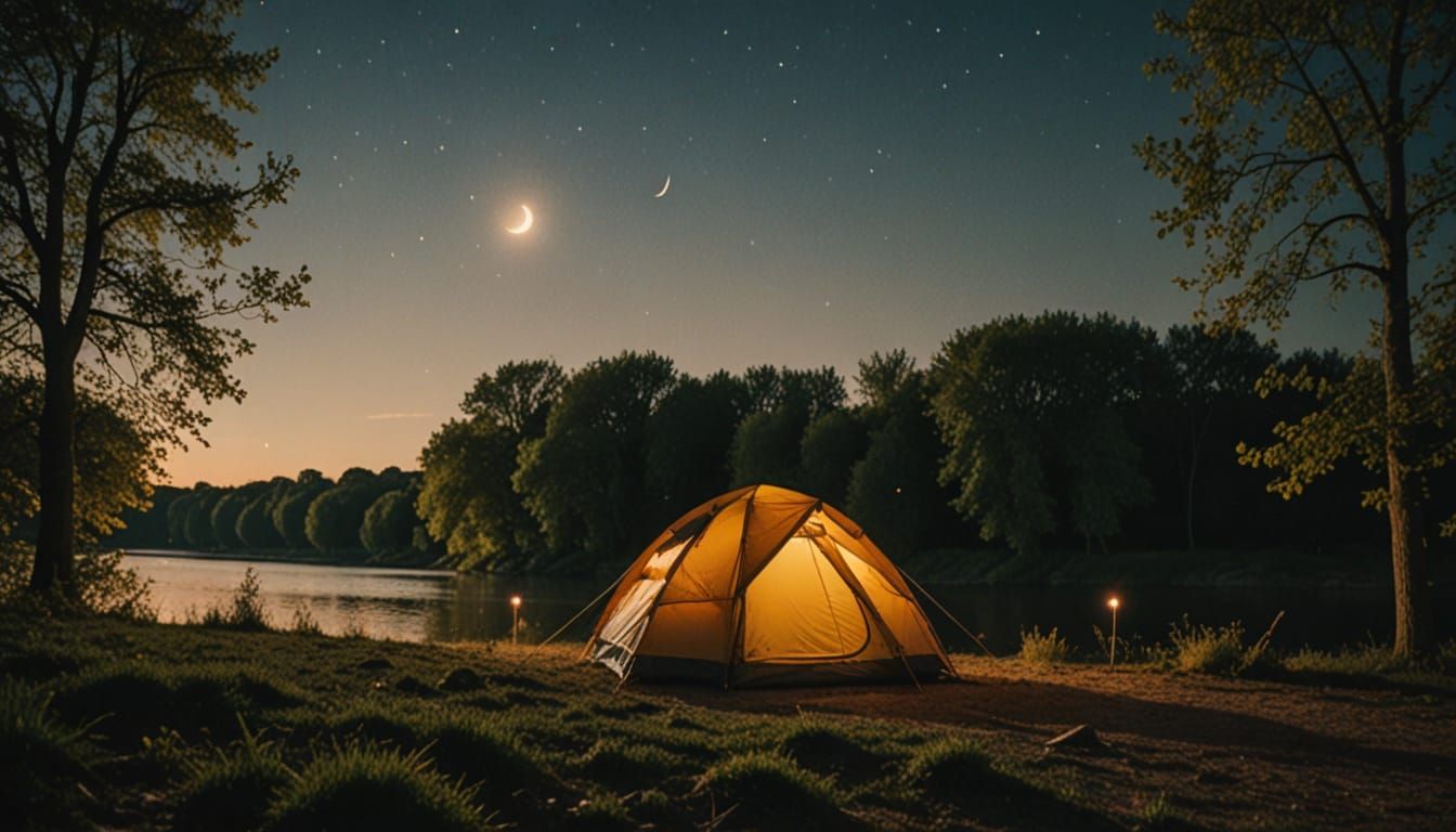 Tent Under Moon and Stars at Dusk
