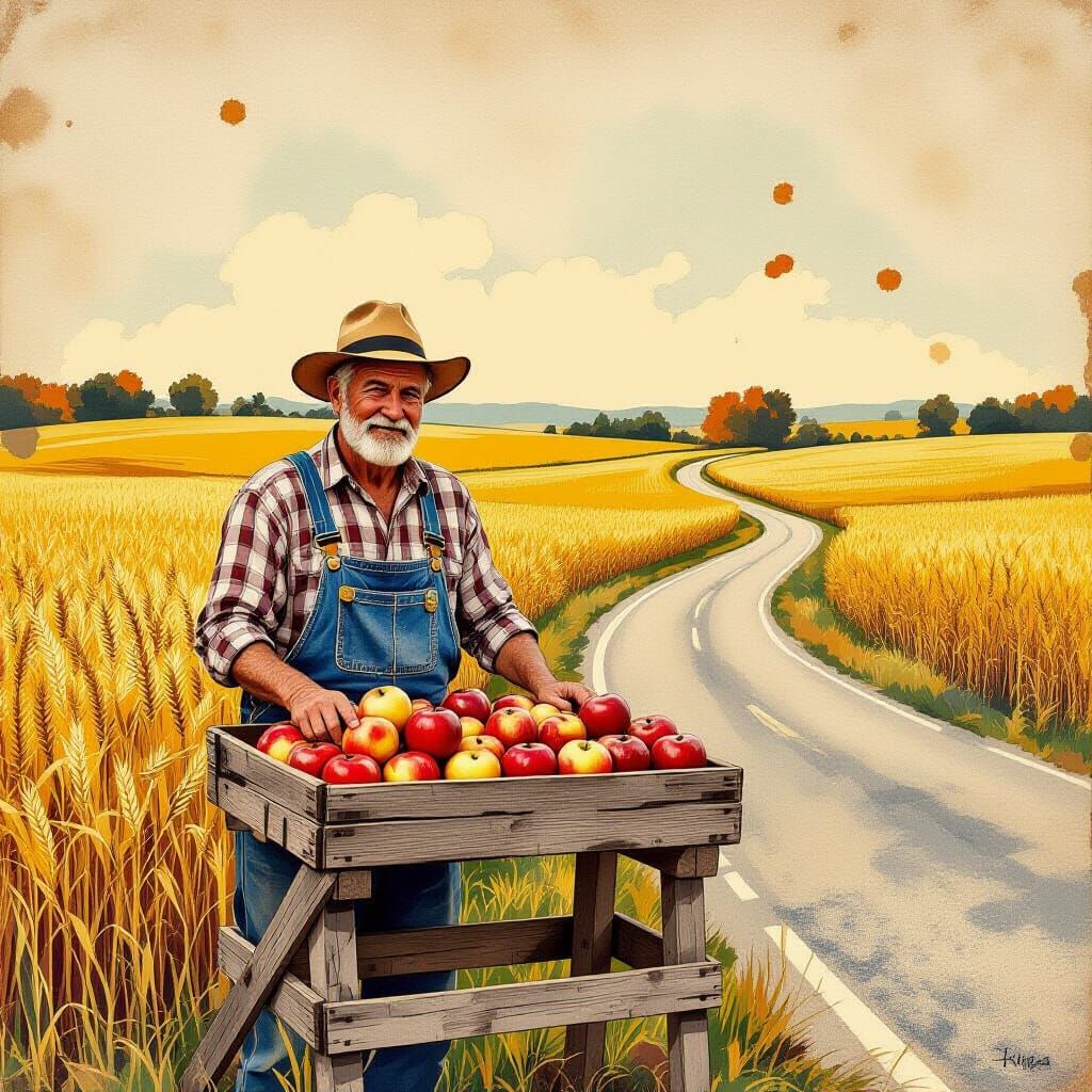 Farmer at Rustic Apple Stand with Autumn Fields