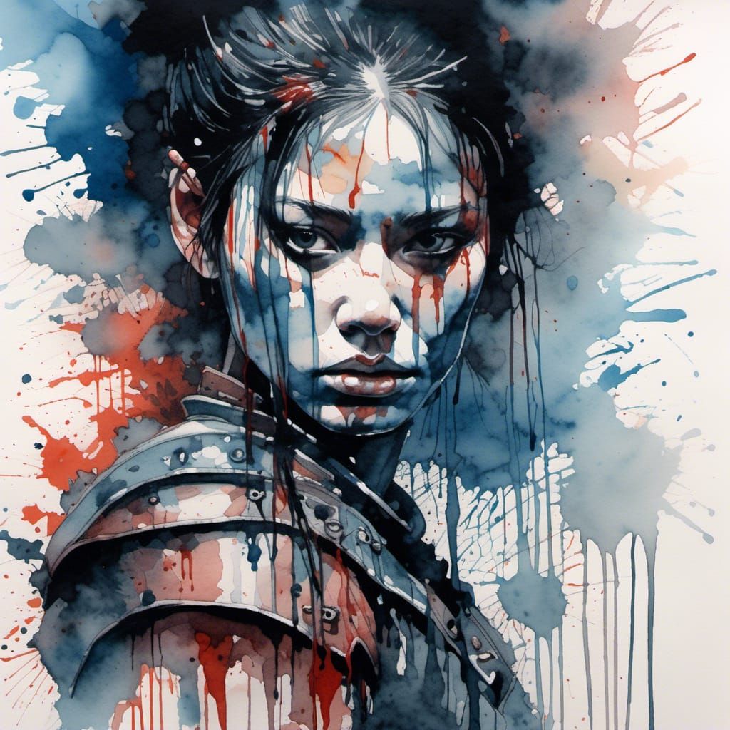 Bioluminescent Female Warrior in Dark Fantasy Watercolor