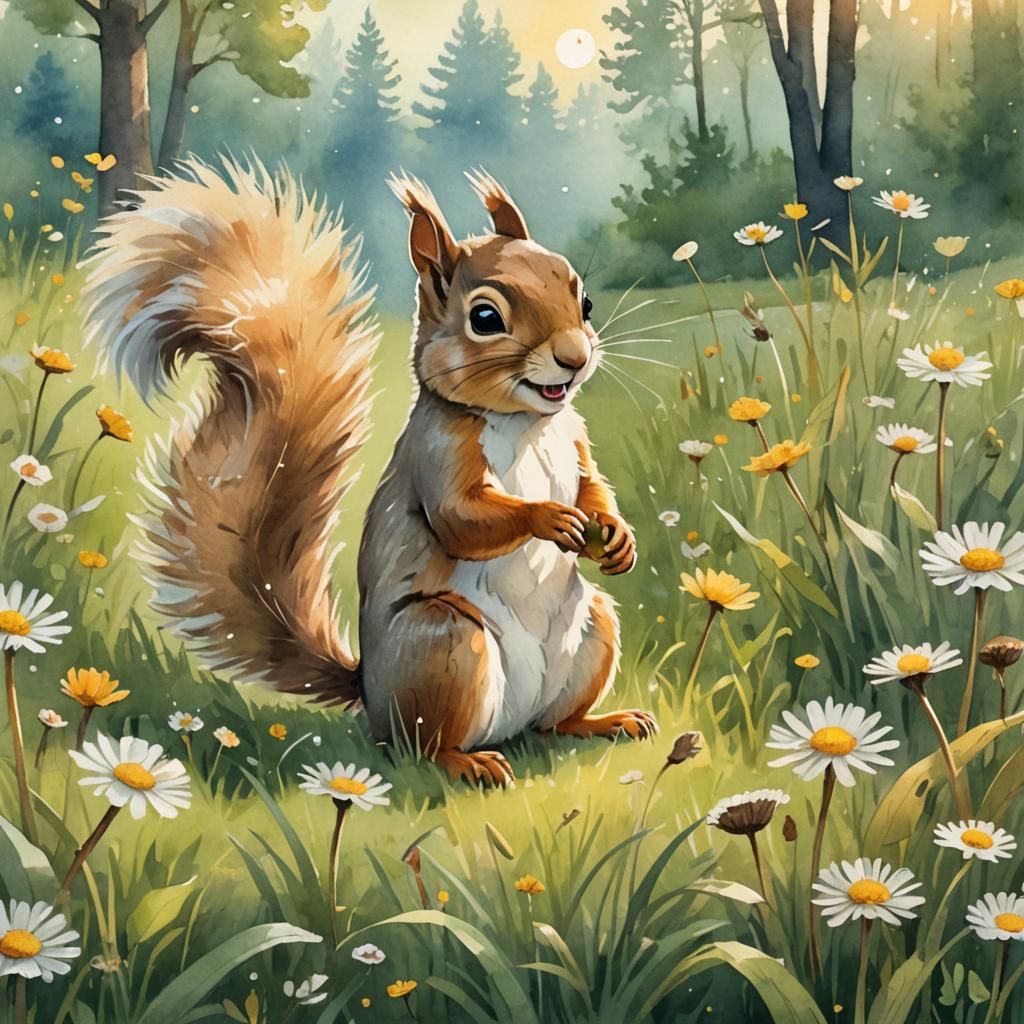 Charming Squirrels Share a Dandelion: Watercolor Illustratio...