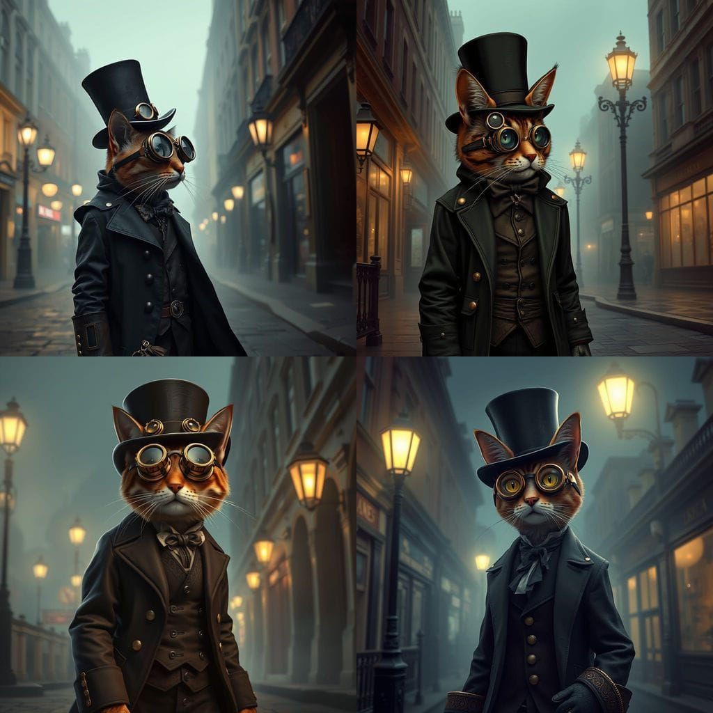 Steampunk Cat Explorer in Foggy Victorian London