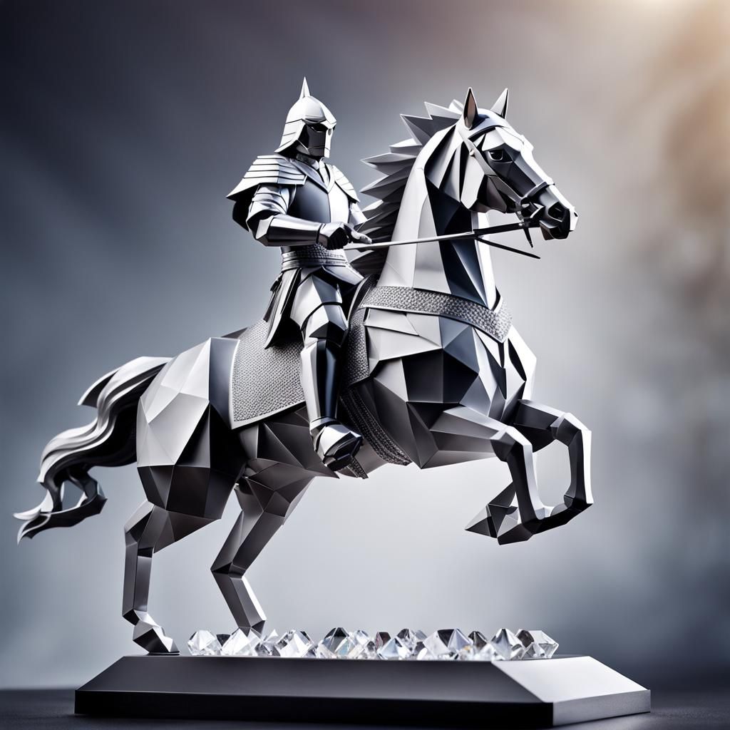 Crystal Knight Statue on Horseback in Origami Style