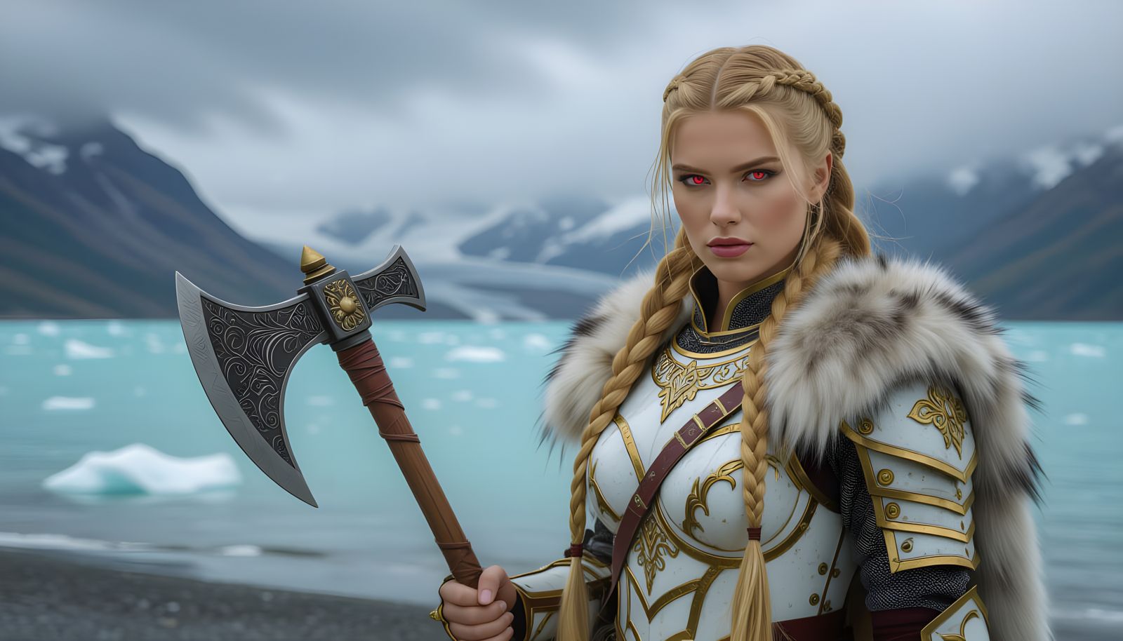 Female Warrior with Battle Axe on Glacial Lake Shore