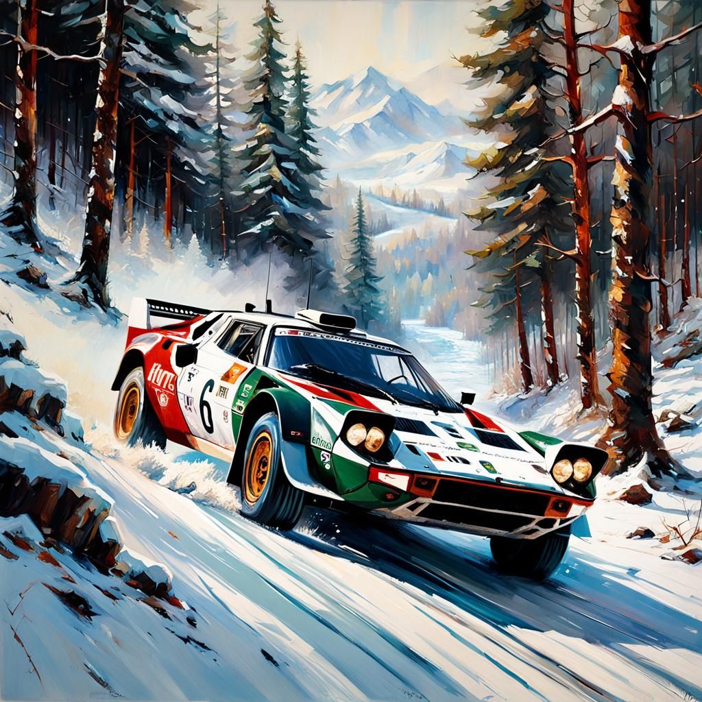 Winter Sports: Lancia Stratos HF WRC rally car winding its way through a beautiful winter forest.