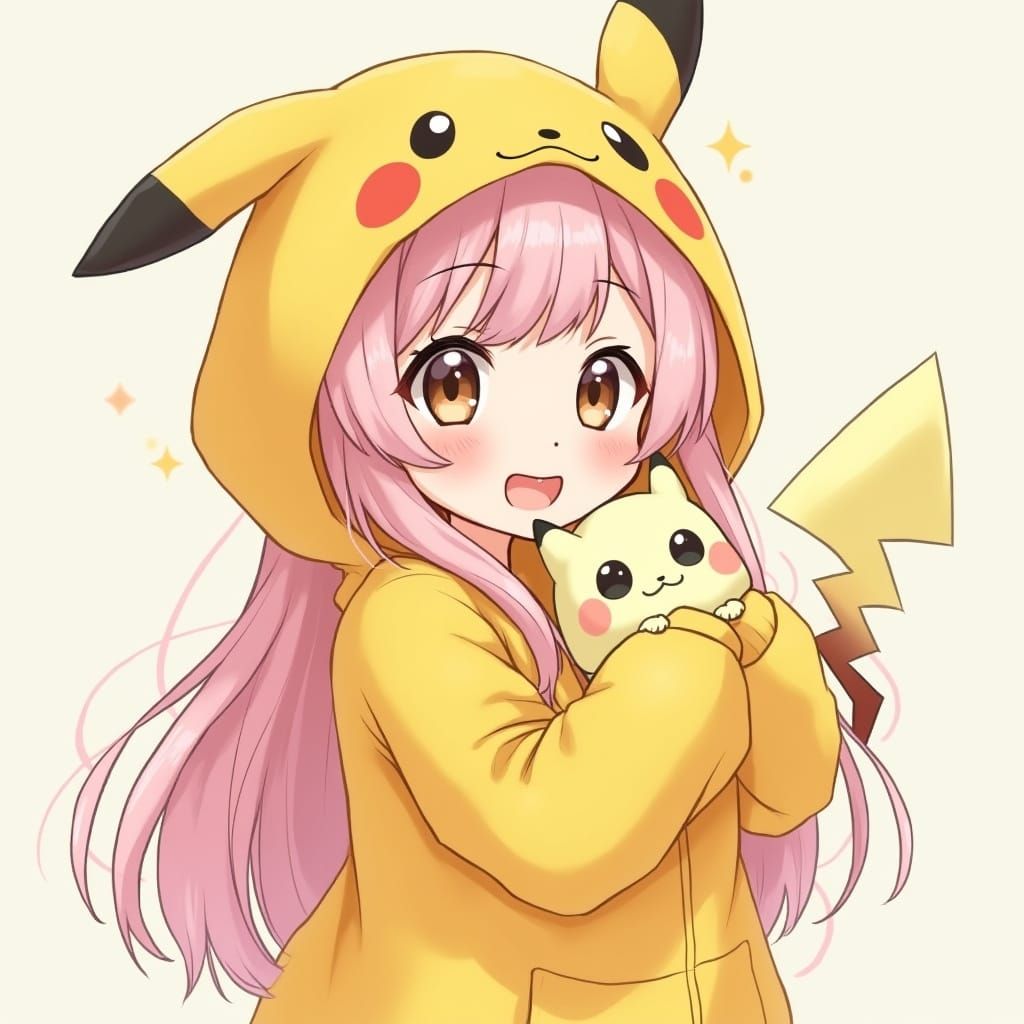 Kawaii Anime Girl with Pikachu Hoodie in Whimsical Style