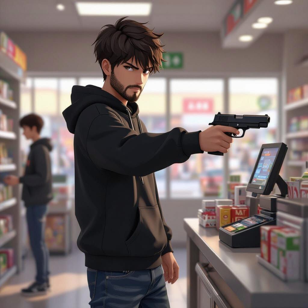 Store Robbery by Young Man in Anime 3D Style