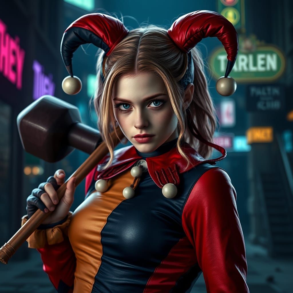 Harley Quinn in Hyperrealistic Gotham City Style