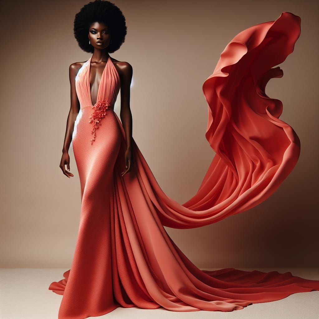 Elegant African American Model in Coral Gown