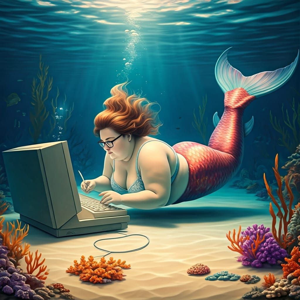 Nerdy Mermaid Computer Specialist in 1980s Style