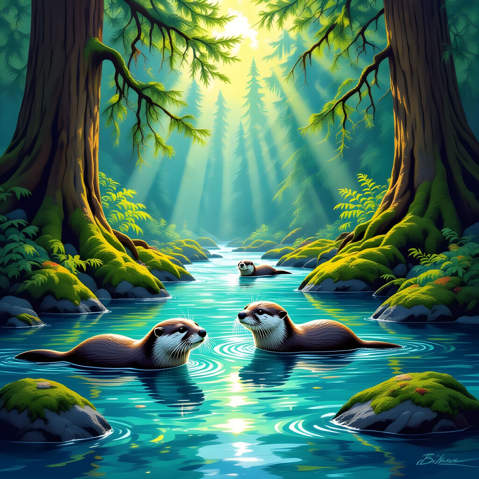 Pacific Northwest River Scene with Otters and Owls