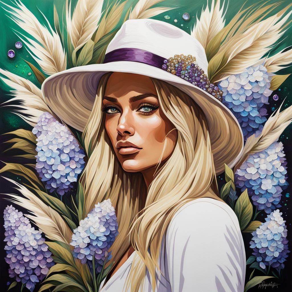 Blonde Girl with Hydrangeas in Graffiti Art Style