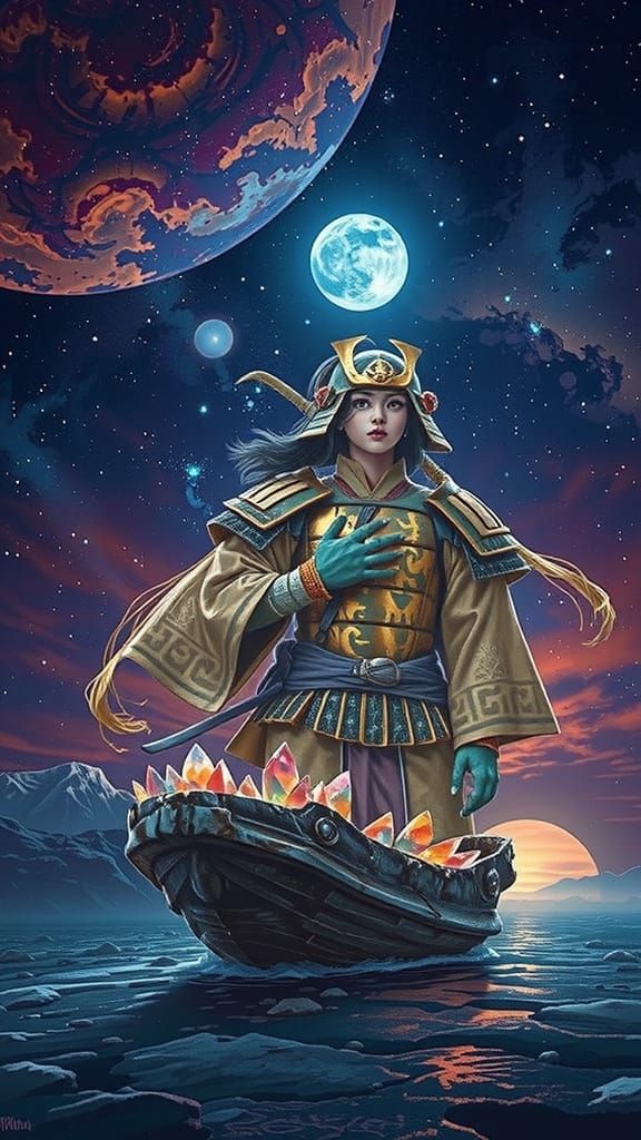 Japanese Warrior on Alien Planet Under Nebula Sky