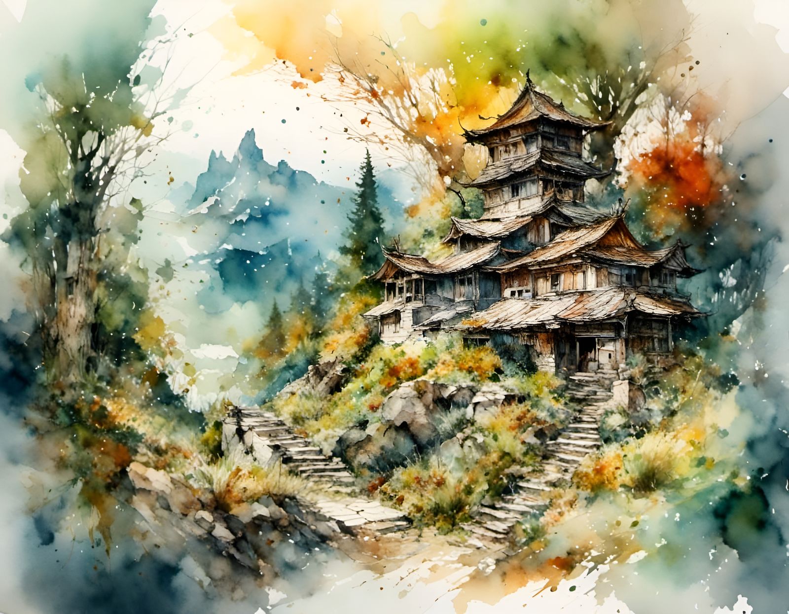 Watercolor Mountain Pass Landscape with Color Splash