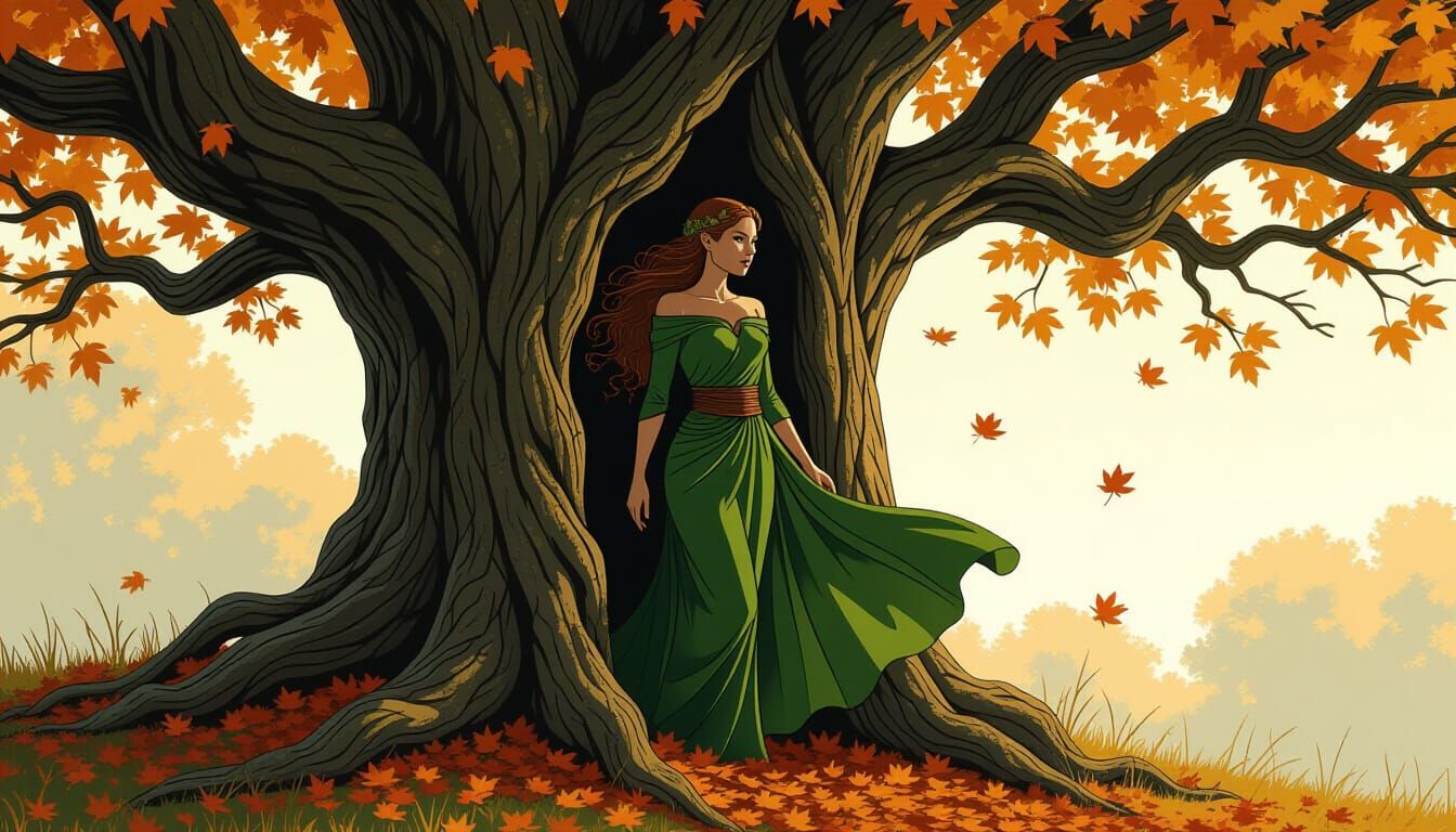 Dryad Emerging From Oak Tree in Autumn