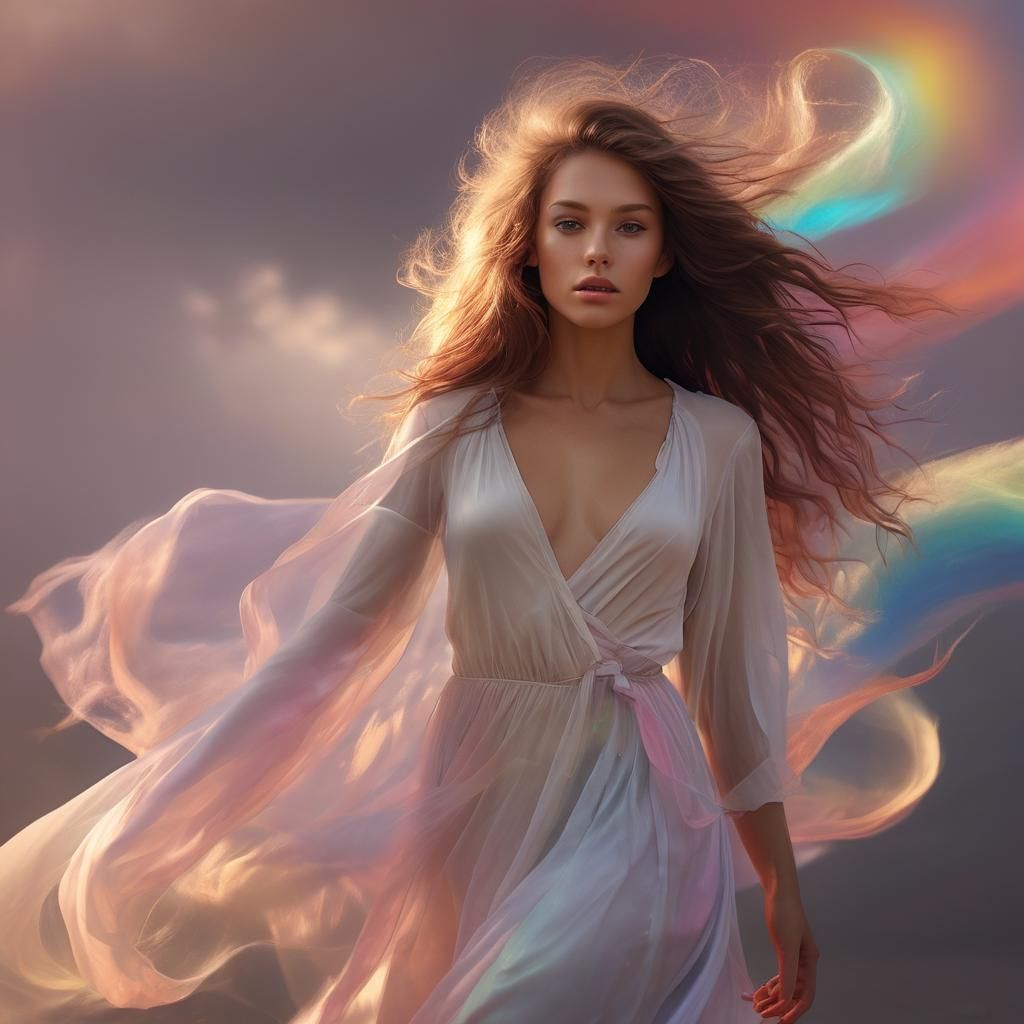 Radiant Woman in Rainbow Sky: Ethereal Glow