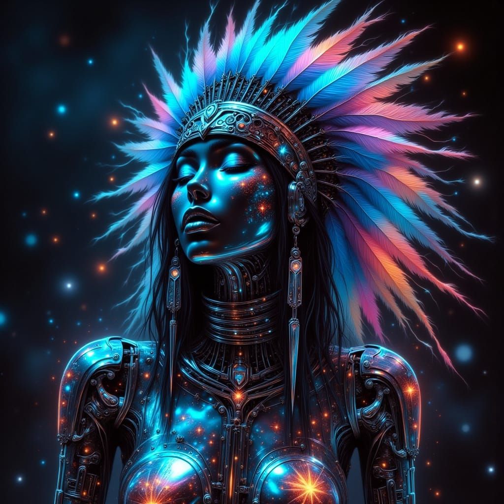 Robot Woman with Native American Headdress in Neon Lights