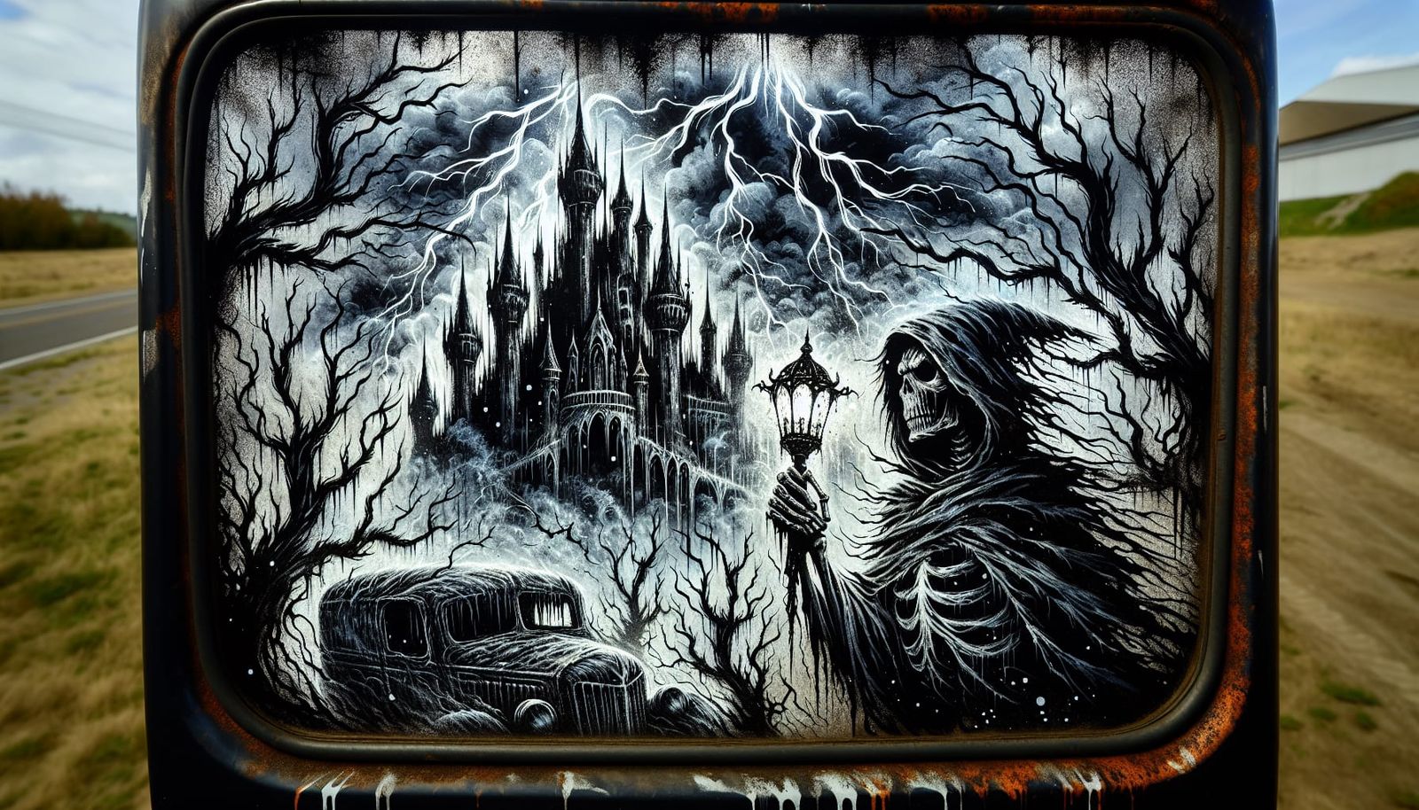 Gothic Castle Appears on Dirty Car Window