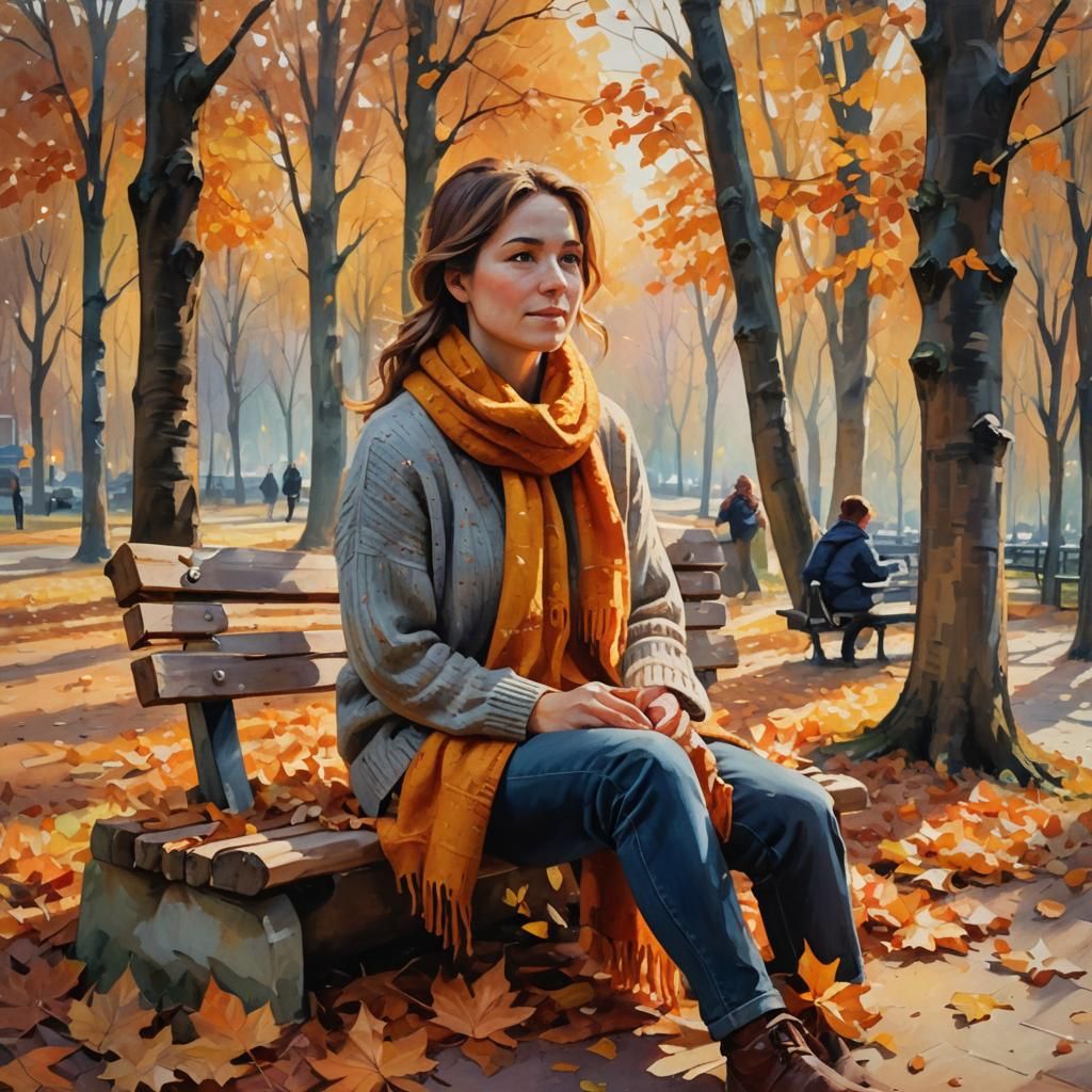 Impressionist Autumn Scene with Woman on Bench