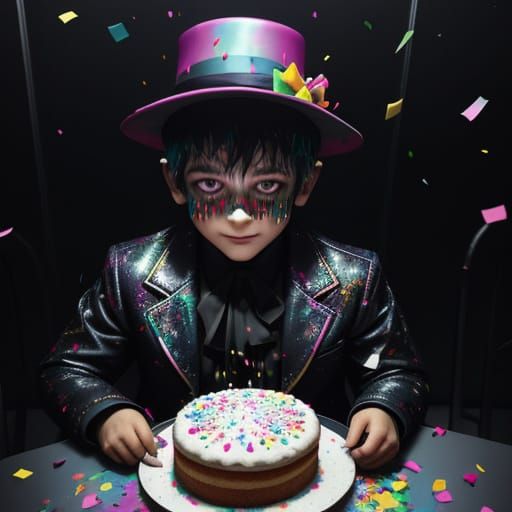 Unsettling Surreal Birthday Scene with Eerie Shadows