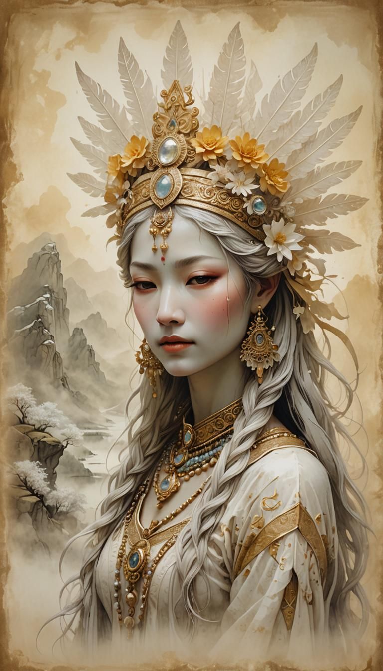 Ethereal Goddess Writing Poetry as Art Nouveau Illustration