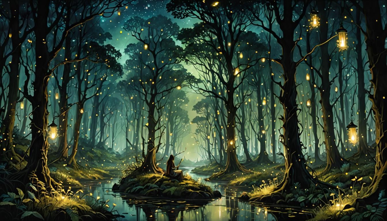 Luminescent Firefly Forest in Watercolor Style