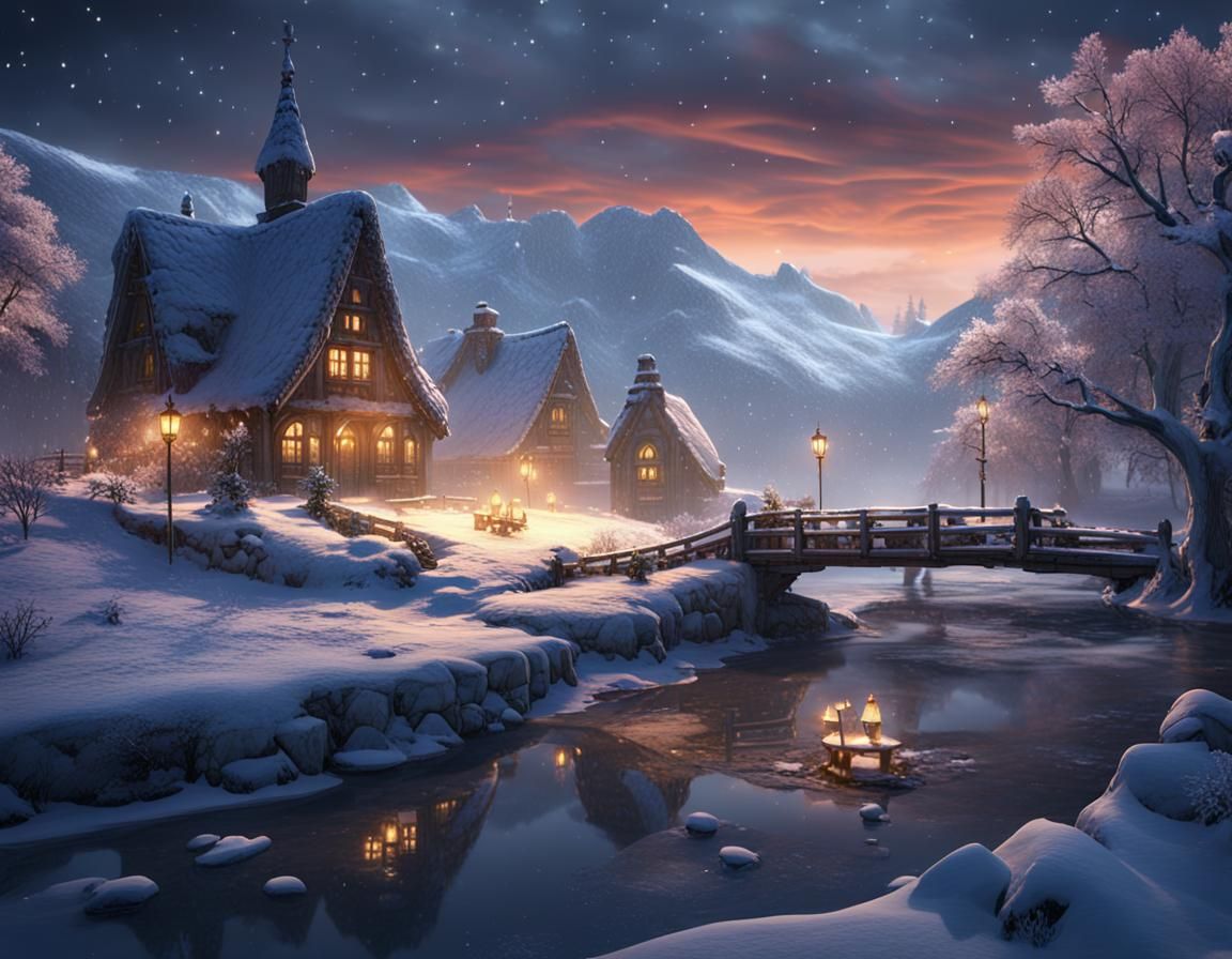 Snowy Village at Dusk: Detailed Matte Painting