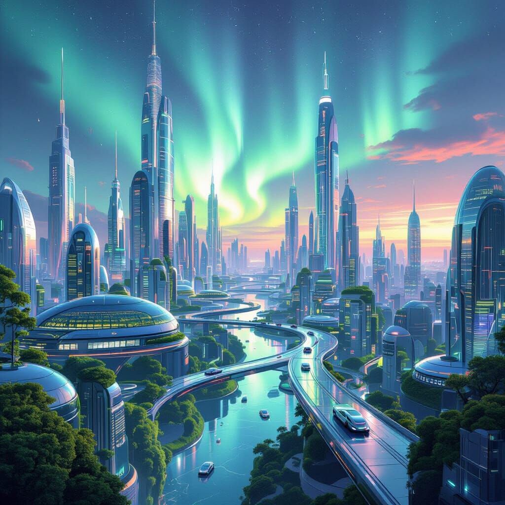 Utopian Futuristic Cityscape Under Aurora Borealis