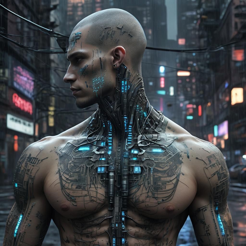 Cybernetic Cyborg with Glitching Tattoos in Dystopian City