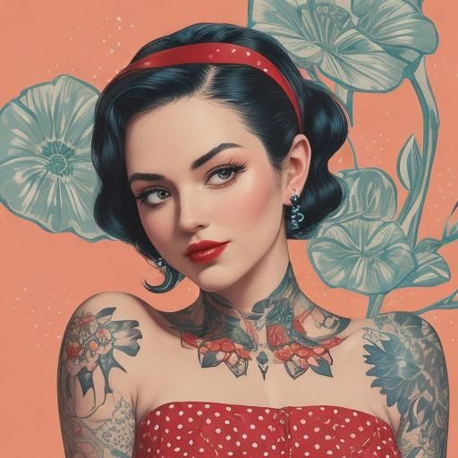 Tattooed Pinup Woman in Retro Comic Style