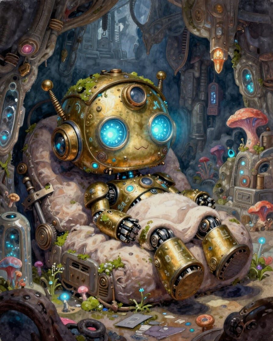 Steampunk Automaton Robot Awakening in Geode Cavern