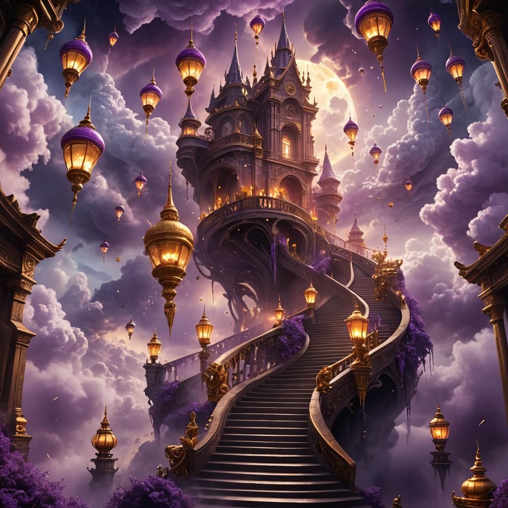 Fantastical Realm with Stairway to the Clouds