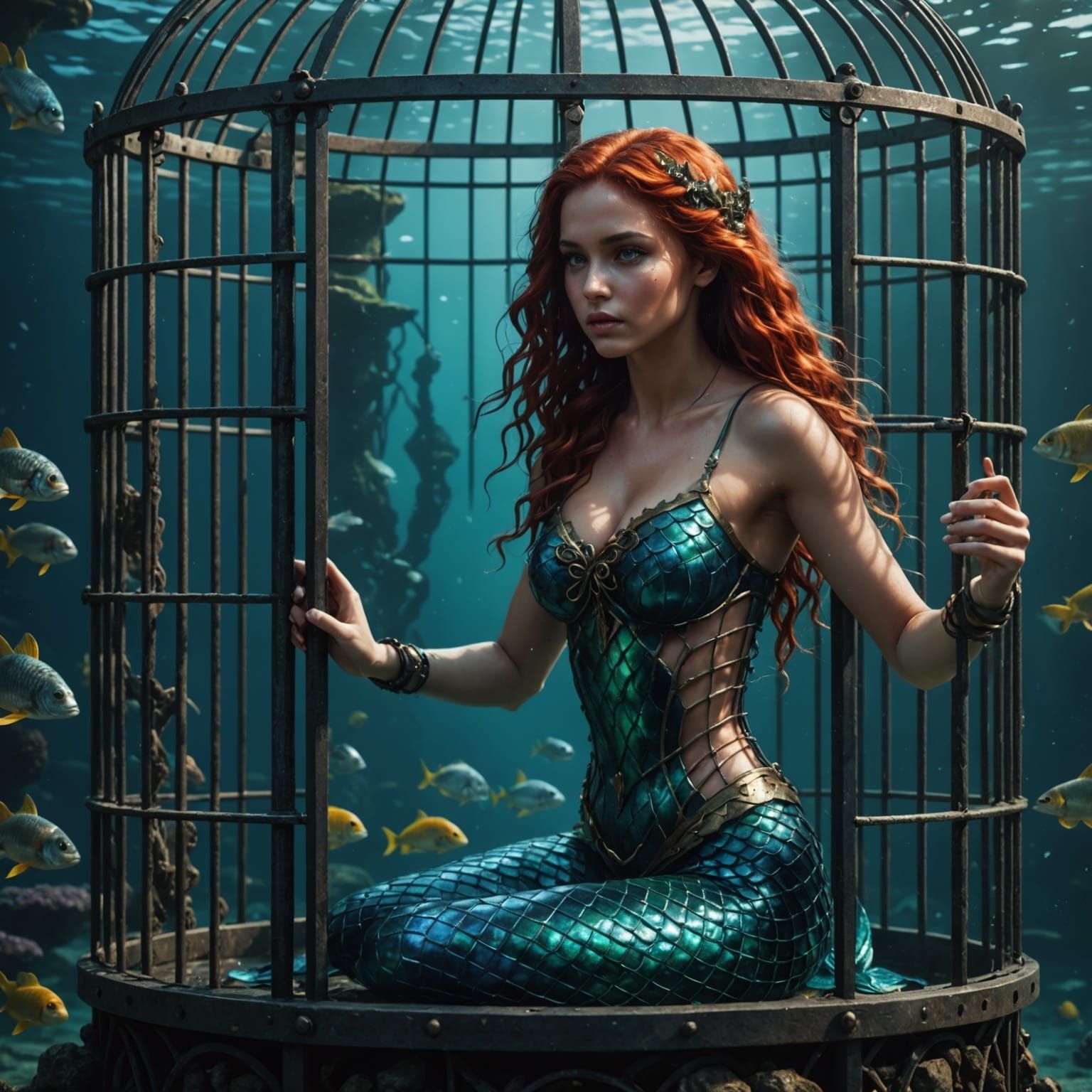 Trapped Mermaid in Underwater Cage: Fantasy Art