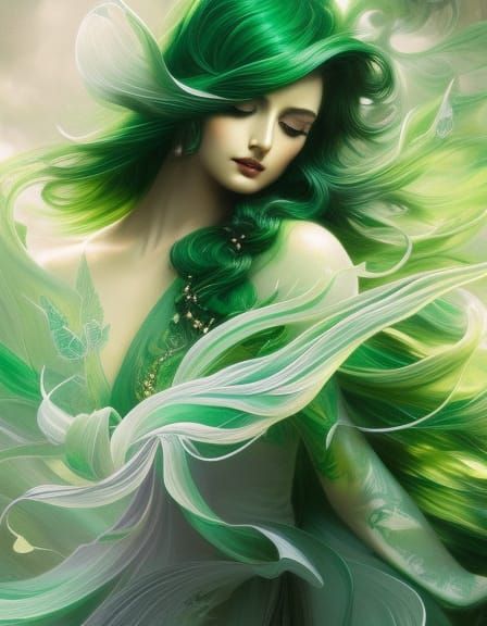 Sage Green Goddess Portrait in Art Nouveau Style