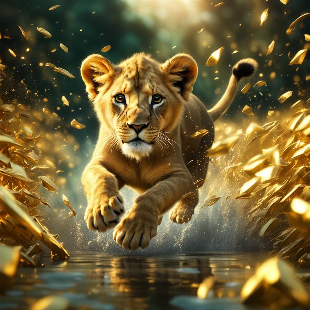 Lion Cub Runs in Gold: Epic Lighting