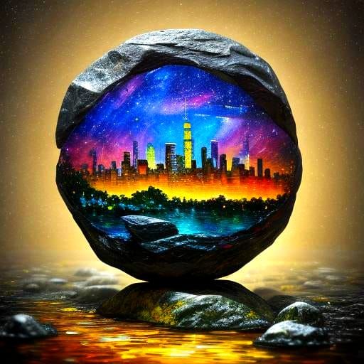 City Inside Rock Floating in Space Painting