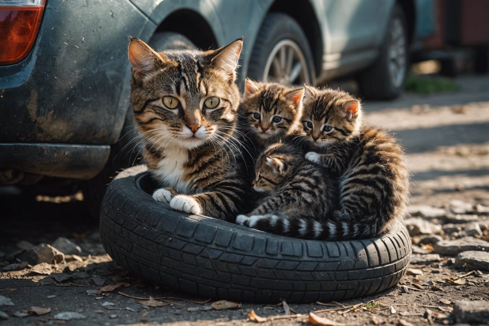 Feral Cat Family in Cozy Tire Home