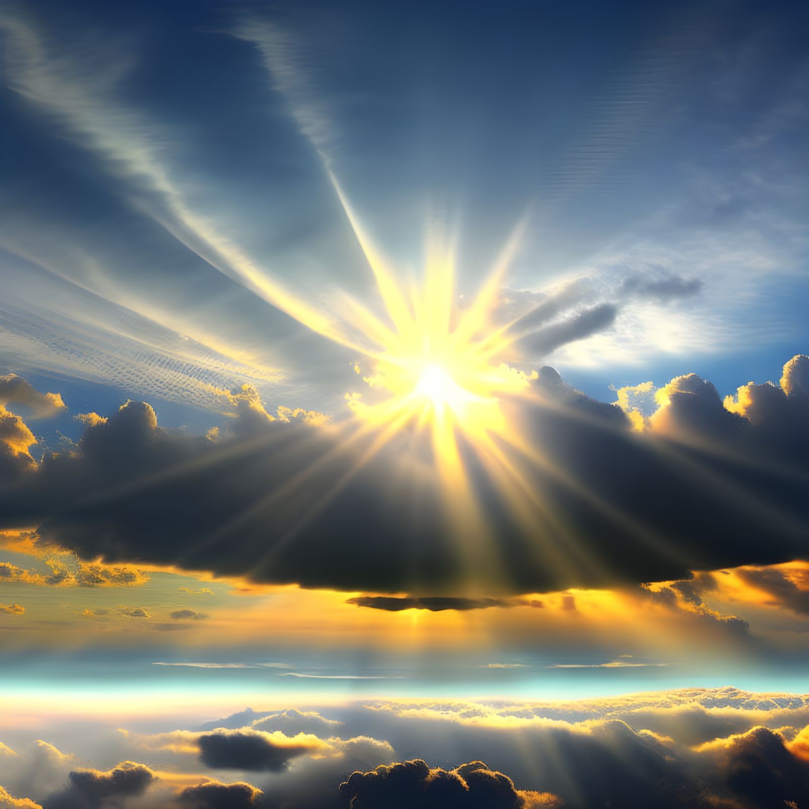 sunray burst sun over cloud horizon beautiful matte painting photorealisitc trending on deviantart