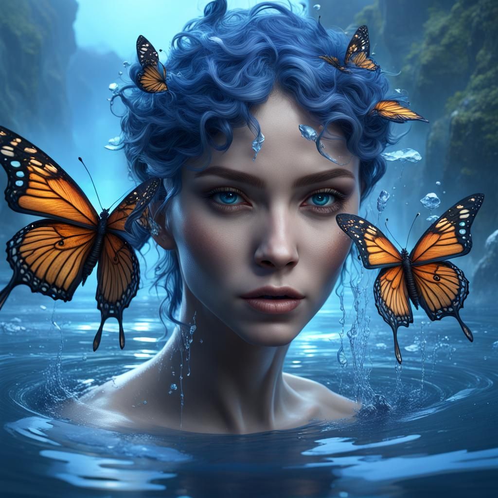 Blue Butterflies Face Reflected in Water: Detailed Art