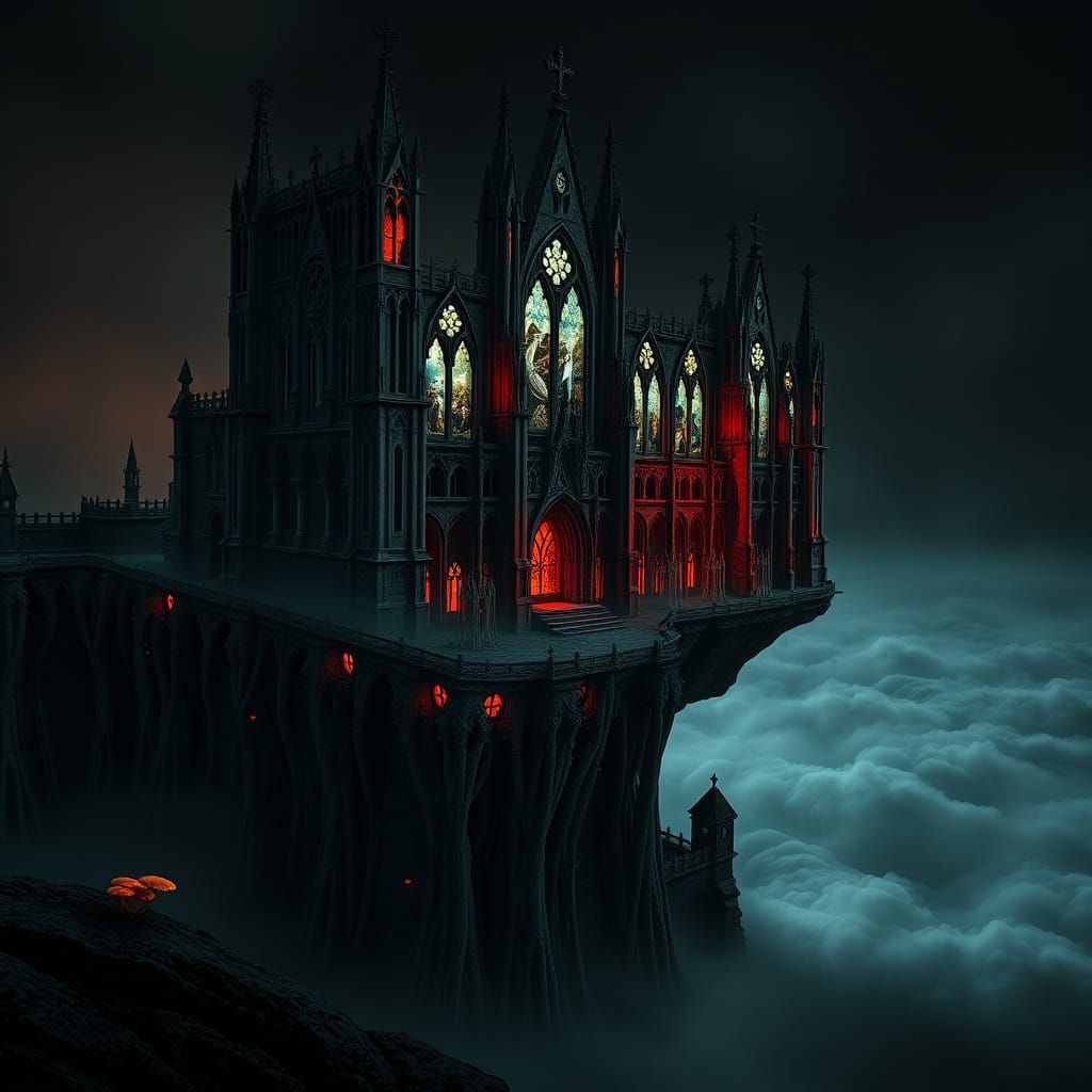 Gothic Bone Cathedral Above Swirling Fog