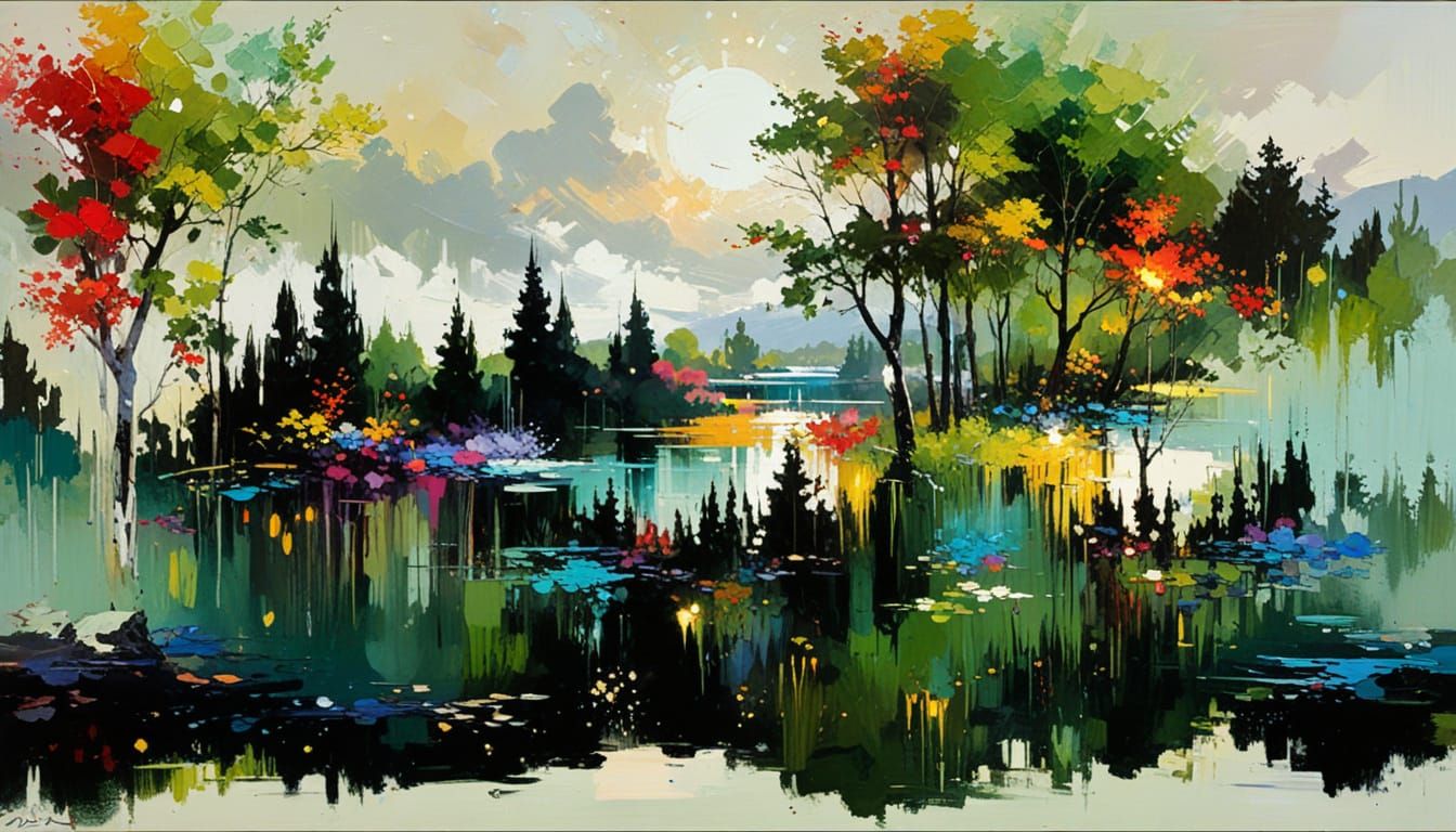 Surreal Abstract Lake Scene with Shimmering Sparkles