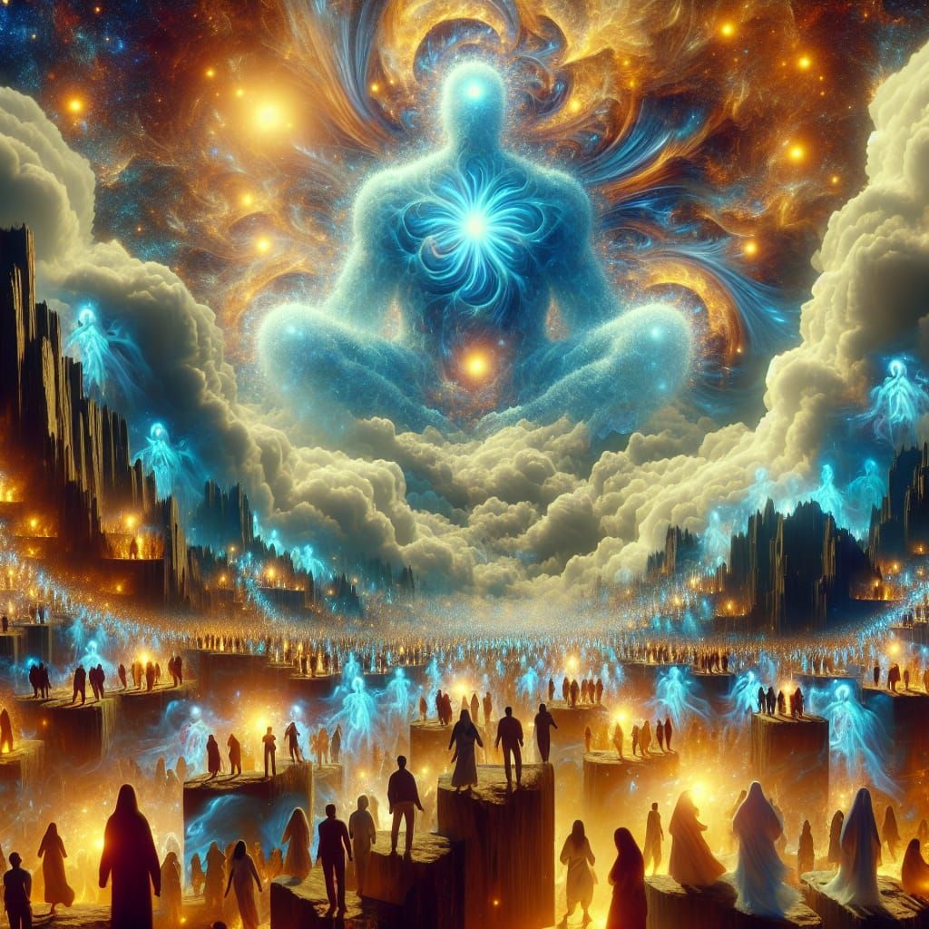 Surreal Dreamscape with Ghostly Entity and Diverse People