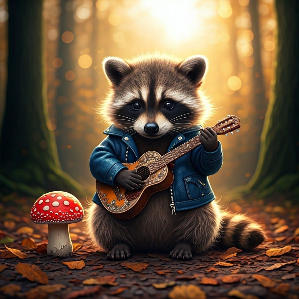 Raccoon Guitarist in Misty Autumn Forest