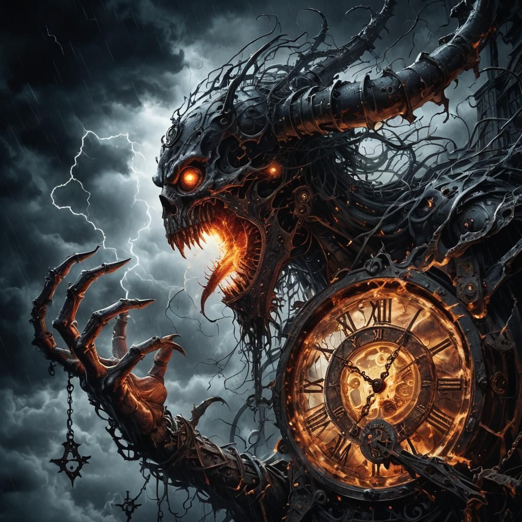 Demonic Clock Character in Dark Fantasy Illustration