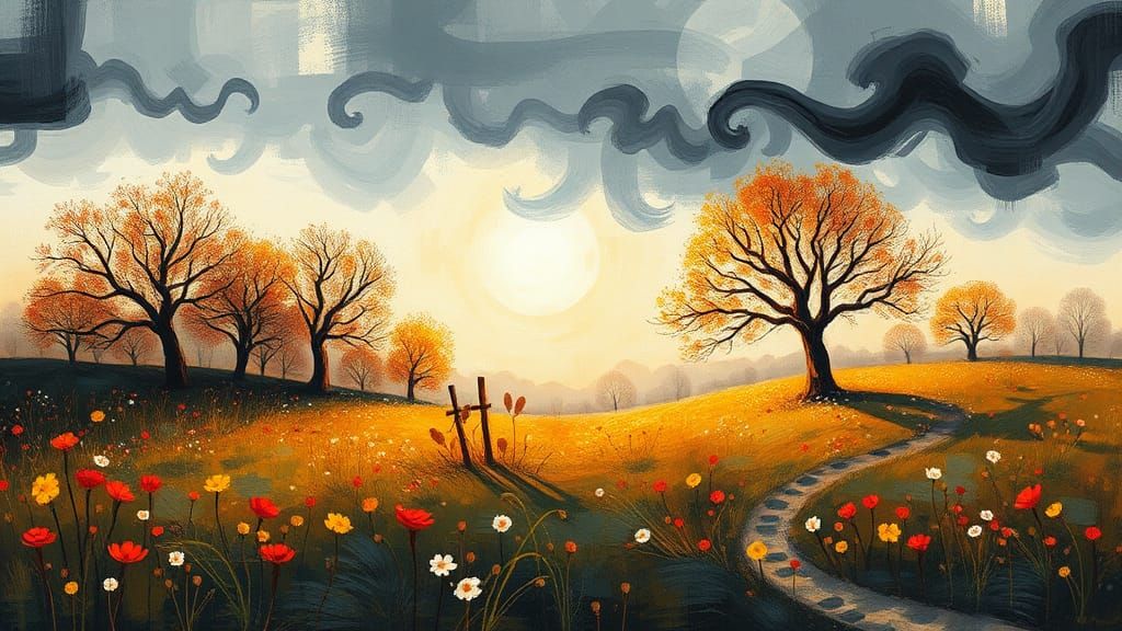 Winter Meadow: Impressionist Landscape with Swirling Clouds