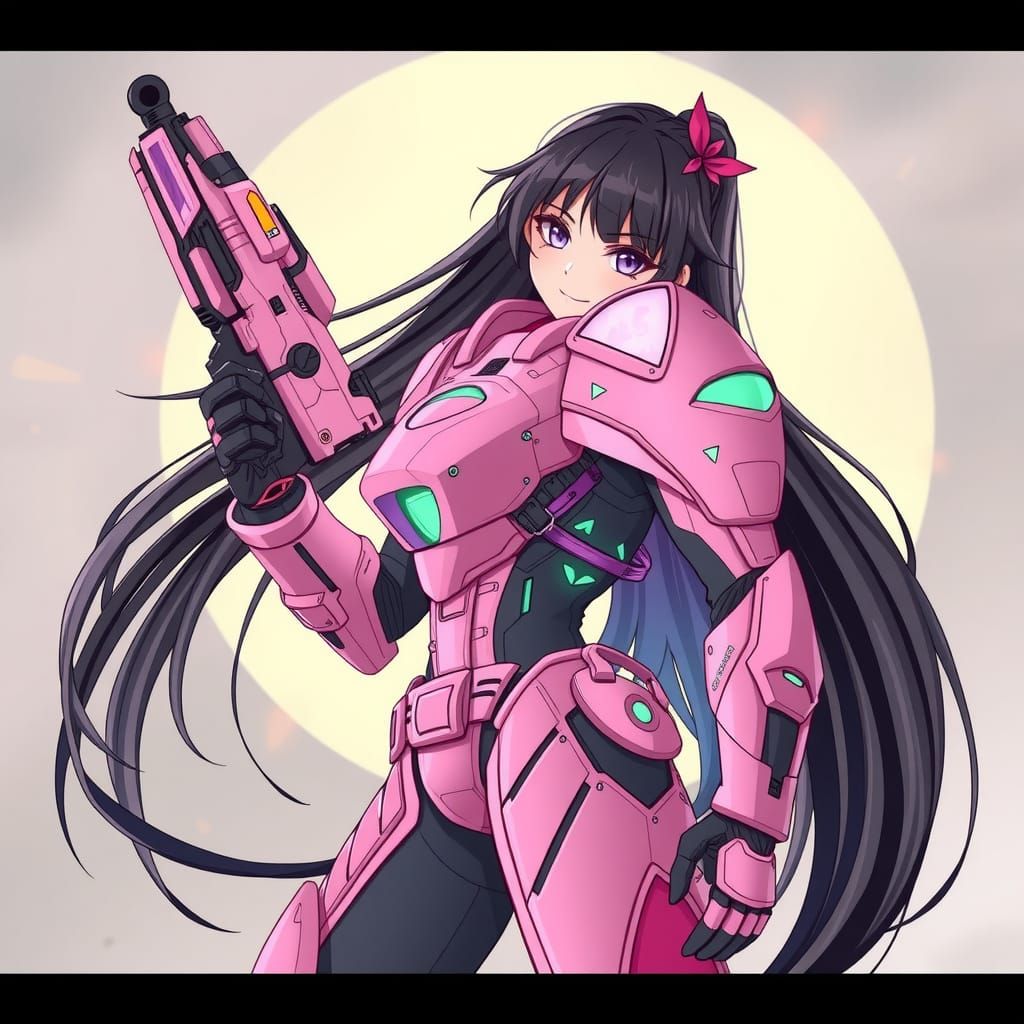 A girl in power armor, nodding at the viewer - a modern Japa...